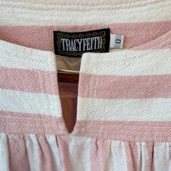 Vintage Tracy Feith Pink‎ White Striped Cotton Midi Dress Puff Sleeve Size 0 - Picture 9 of 9